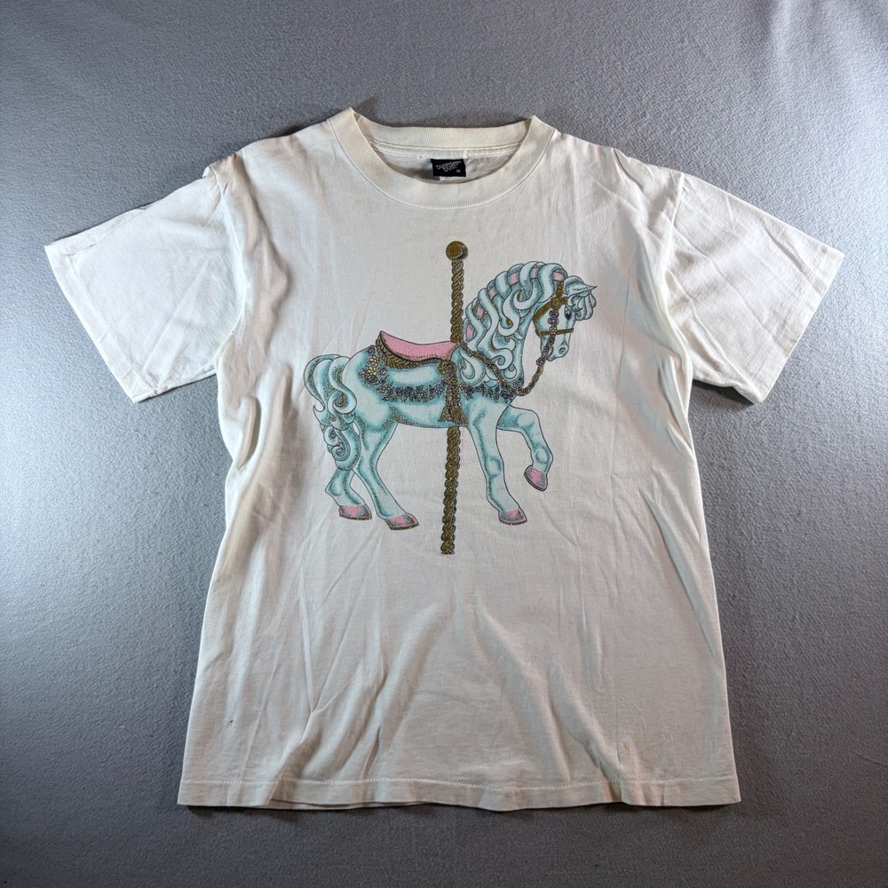 Diamond Dust Vtg Carousel Horse Glitter T-Shirt White Mens Medium single stitch